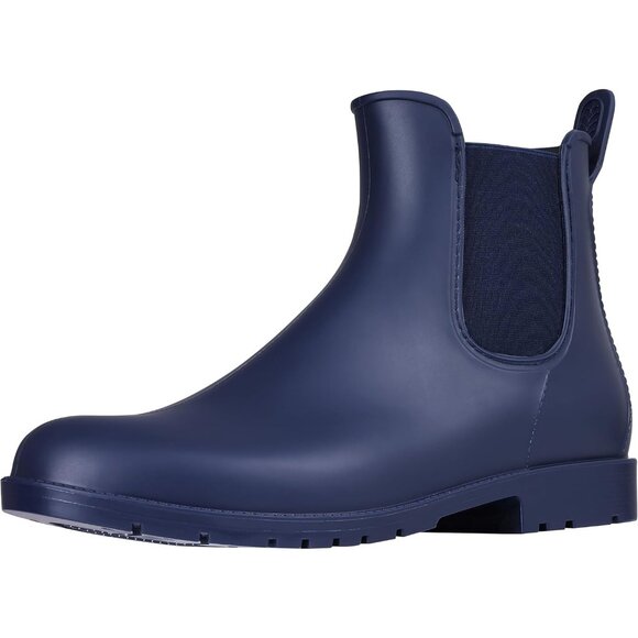 Women's Navy Blue Pointed Toe Waterproof Chelsea Double Elastic Ankle Rain Boots - Picture 1 of 7